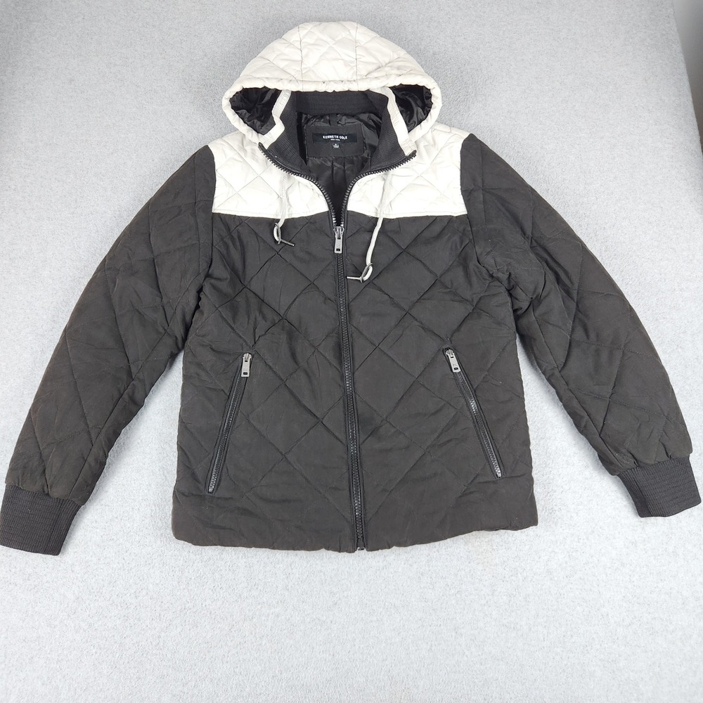Kenneth Cole Puffer Jacket Mens Small Black White Quilted Winter Hooded Full Zip